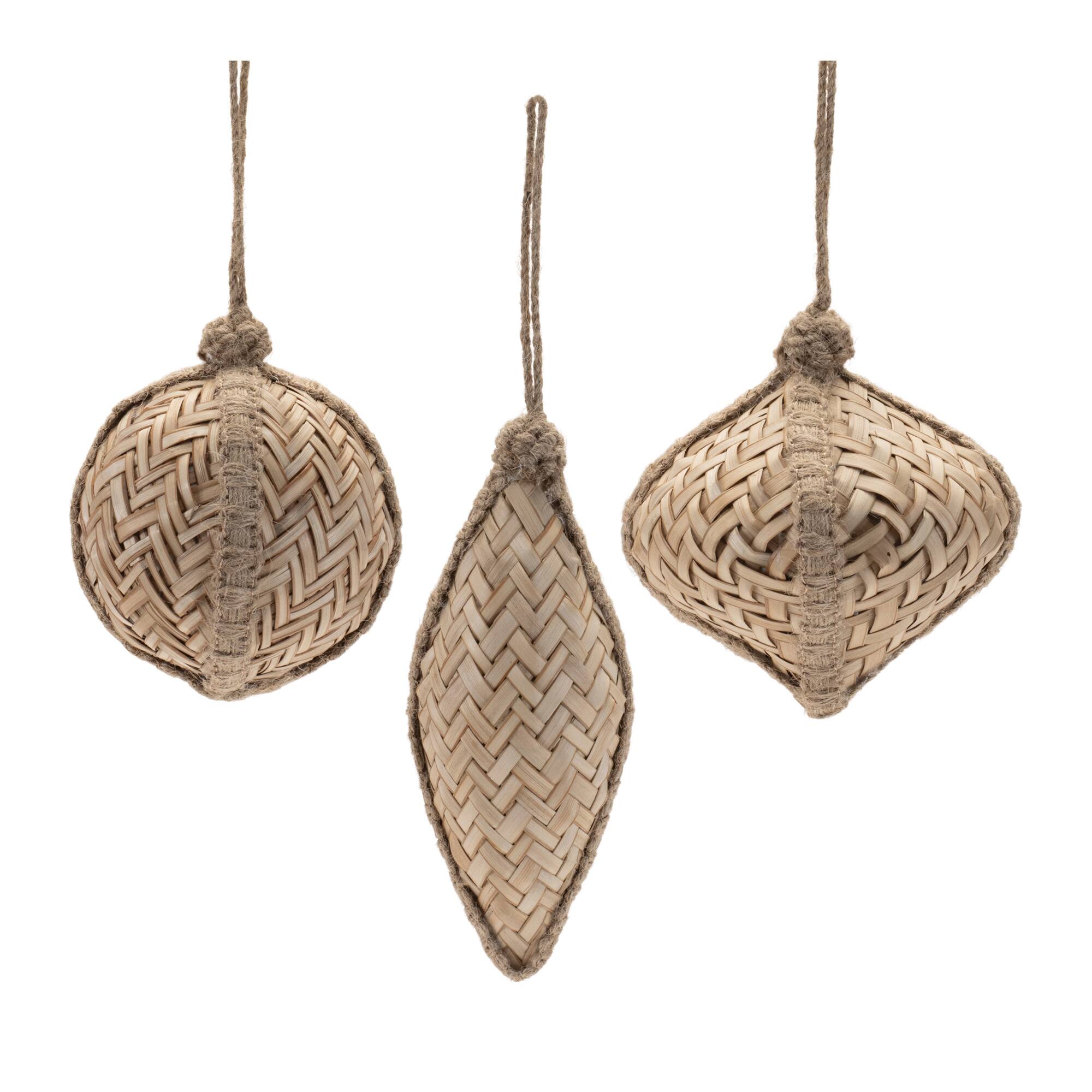 Woven Bamboo Ball Onion & Drop Christmas Ornaments with Jute Hanger Set